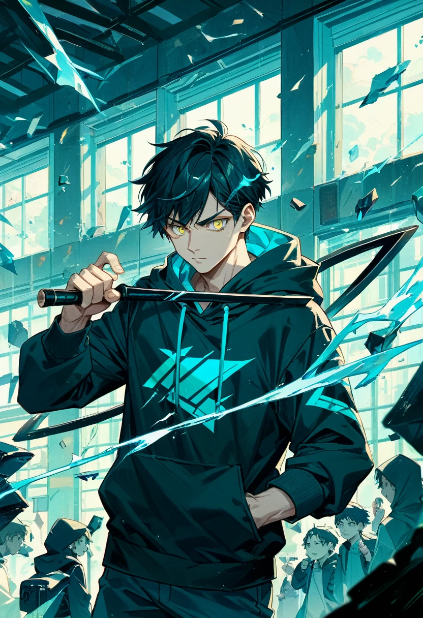 A boy of about with black hair, cyan and yellow heterochromatic eyes, wearing a black hoodie, holding a black gunlance and firing a pale blue beam. Background: Broken window glass, sense of speed.
