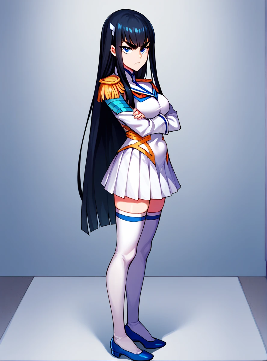 score_9, score_8_up, score_7_up, score_6_up, score_5_up, score_4_up , source_anime masterpiece,    satsukiklk, long hair, black hair, blue eyes, thighhighs,skirt, epaulettes, indoors, looking at viewer crossed arms, serious, from side, looking at viewer, thick eyebrows, simple background, cleavage cutout, shoulder armor, pauldrons, full body, slight belly fat, 1girl, solo, 