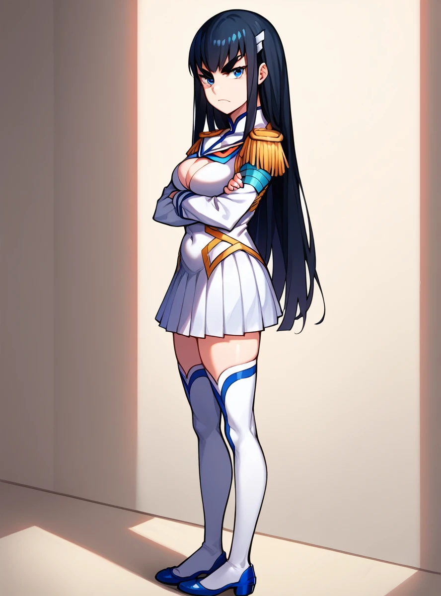 score_9, score_8_up, score_7_up, score_6_up, score_5_up, score_4_up , source_anime masterpiece,    satsukiklk, long hair, black hair, blue eyes, thighhighs,skirt, epaulettes, indoors, looking at viewer crossed arms, serious, from side, looking at viewer, thick eyebrows, simple background, cleavage cutout, shoulder armor, pauldrons, full body, slight belly fat, 1girl, solo, 