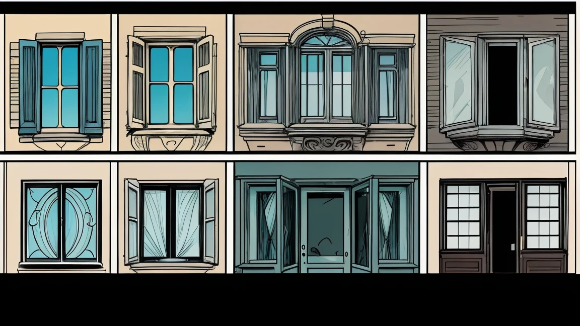 Cartoon style, drawn with black and colored lines, several different windows, different window models.