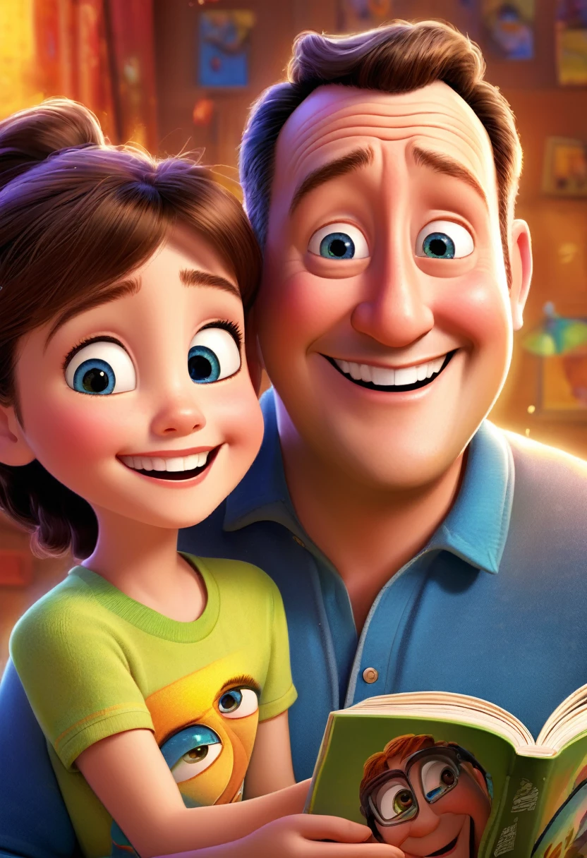 (wide range:1.3),(bright and vibrant colors), (high resolution), (realisitic:1.37), Disney Pixar Movie Poster, (arte de Kevin James), skinny, no muscle, (55 year old man and his son),father and son, (beautiful detailed eyes:1.1), (beautiful detailed lips:1.1), (smiling with a warm expression:1.5), (charming appearance:1.1), (professional lighting), (ultra-thin rendering), upper-body shot, (expressive facial features:1.1), reading a book to her son, (reading carefully:1.1), surrounded by magical elements representing different Pixar films, (dynamic composition), (whimsical details), (playful characters), vibrant background, full of color and joy, (3D rendering), (fantastic art style), (nostalgic aesthetic), (attention to the details:1.1).
