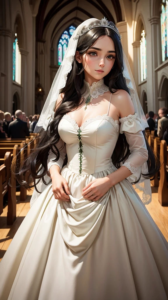 Beautiful black-haired girl with green eyes and long hair in a wedding dress in a church photo shoot 