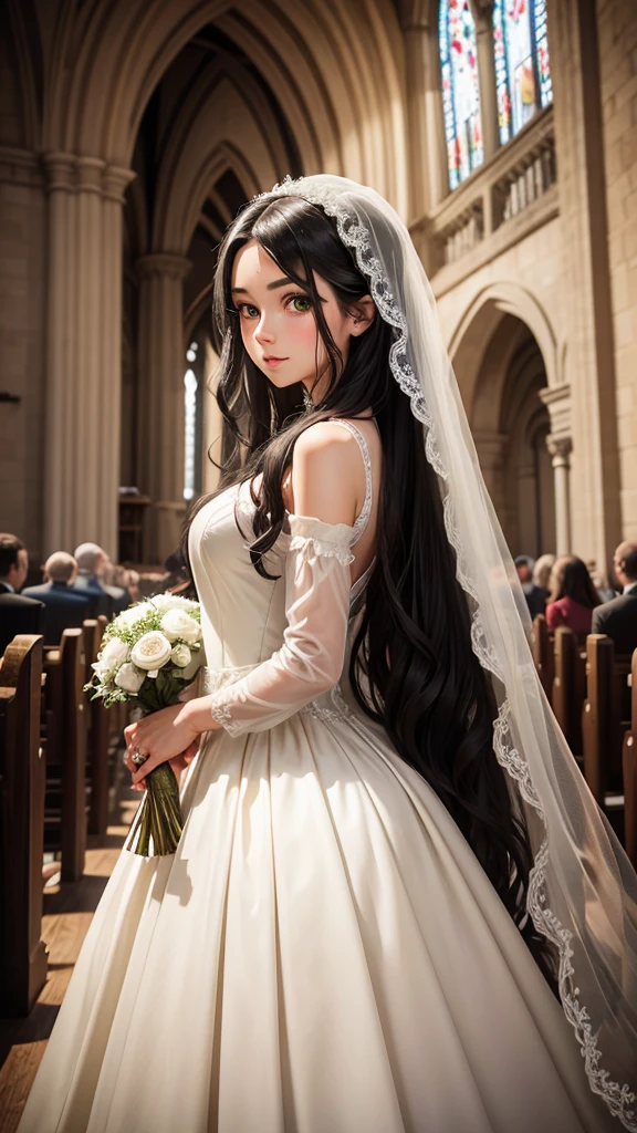 Beautiful black-haired girl with green eyes and long hair in a wedding dress in a church photo shoot 