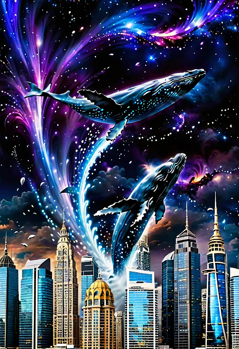 A majestic flying whale breaches through the CITY, its massive body gliding effortlessly through a swirl of BUILDINGS and SKY TOWERS. The dark expanse of CITY serves as a dramatic backdrop, with distant galaxies and nebulas illuminating the whale's ethereal form. The camera captures the whale's effortless flight from a unique vantage point, showcasing the celestial wonder in a sweeping motion.