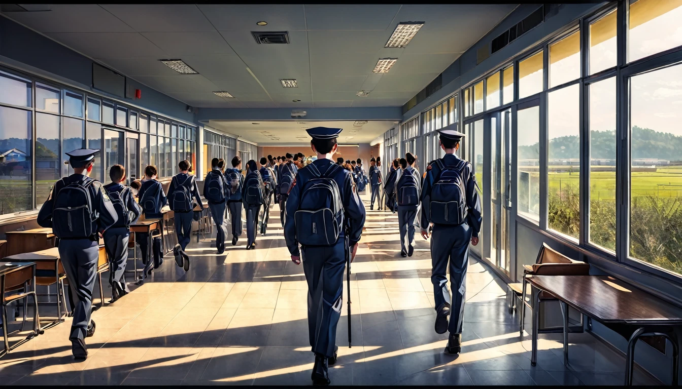 , carrying distant echoes of footsteps and the occasional murmur of radio chatter from the officers on duty. From his vantage point, the school students walking out of school, Landscape, HDR, High Detailed, dark room. school. beautiful clean school. students getting ready to head home, evening,