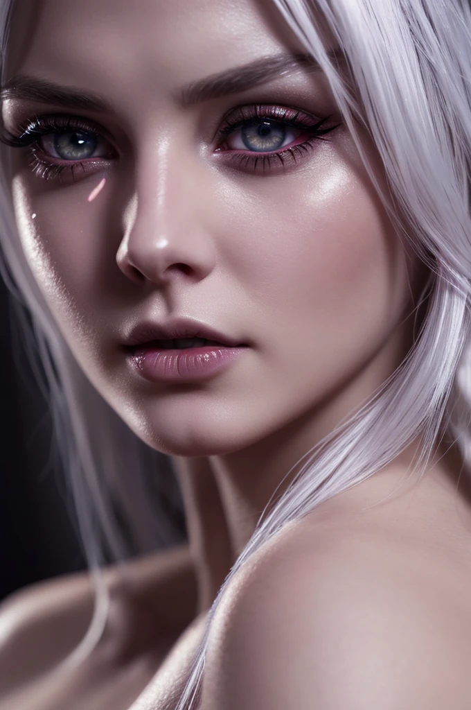 a white-skinned girl, red glowing eyes, white hair, beautiful detailed eyes, beautiful detailed lips, extremely detailed eyes and face, long eyelashes, highly detailed, 8k, masterpiece, photorealistic, cinematic lighting, fantasy, dark, dramatic, surreal, gothic