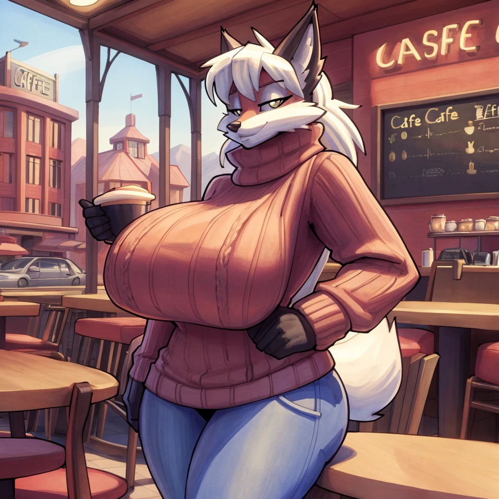  high resolution, (masterpiece: 1.4), (60 years old fox woman),high detail eyes,(sweater and jeans:1.2),(cafe:1.2),detailed backround, (large breasts:1.2), full body, by bigdad, by duase,
