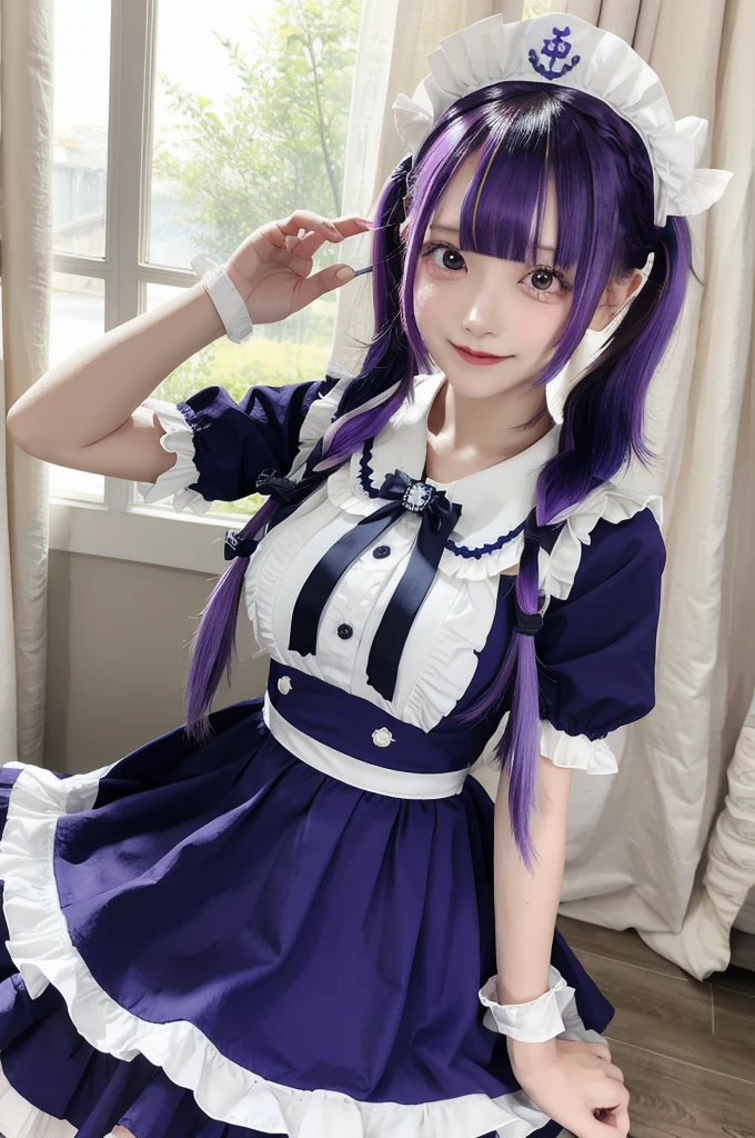 masterpiece, Highest quality, High resolution, One girl, Virtual YouTuber, Minato Akua, Long Hair, Multicolored Hair, dress, Twin tails, Maid headdress, Inner hair color, Purple eyes, Anchor symbol, Blue Hair, bow, Two-tone hair, Short sleeve, Braiding, blue dress, Wrist cuff, ribbon, bangs, Drill Hair, Blue Claws, Twin Drill, puffy Short sleeve, hair ribbon, Purple Hair, Puff sleeves, Ahoge, Ankle cuffs, dress bow, Maid, Frills, Manicure, Striped Hair, white bow, Large Breasts, Cowboy Shot, smile,
