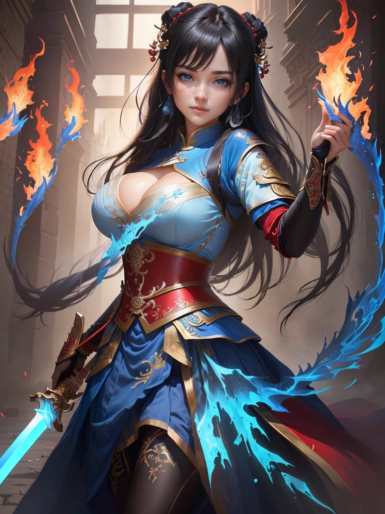 Woman in blue dress holding a sword and red flames, Inspired by Li Mei-shu, Inspired by Li Tang, Yunling, Inspired by Ju Lian, Inspired by Wu Zuoren, Inspired by Cao Zhibai, Full body fairy, Inspired by Wu Li, Inspired by Run In, Inspired by Zhou Fang, Inspired by Du Qiong, Highly detailed CG unit 8k wallpaper, masterpiece, High resolution, highest quality, highest quality real texture skin, Super real, Digital Painting, Best image quality, 最High resolution, 8k, (((Highly detailed eyes and face, Beautiful eyes every detail))), disproportionate breasts, huge breasts, sagging breasts, gigantic breasts, clevage, black hair, smile,