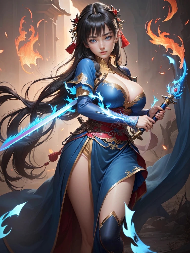 Woman in blue dress holding a sword and red flames, Inspired by Li Mei-shu, Inspired by Li Tang, Yunling, Inspired by Ju Lian, Inspired by Wu Zuoren, Inspired by Cao Zhibai, Full body fairy, Inspired by Wu Li, Inspired by Run In, Inspired by Zhou Fang, Inspired by Du Qiong, Highly detailed CG unit 8k wallpaper, masterpiece, High resolution, highest quality, highest quality real texture skin, Super real, Digital Painting, Best image quality, 最High resolution, 8k, (((Highly detailed eyes and face, Beautiful eyes every detail))), disproportionate breasts, huge breasts, sagging breasts, gigantic breasts, clevage, black hair, smile,