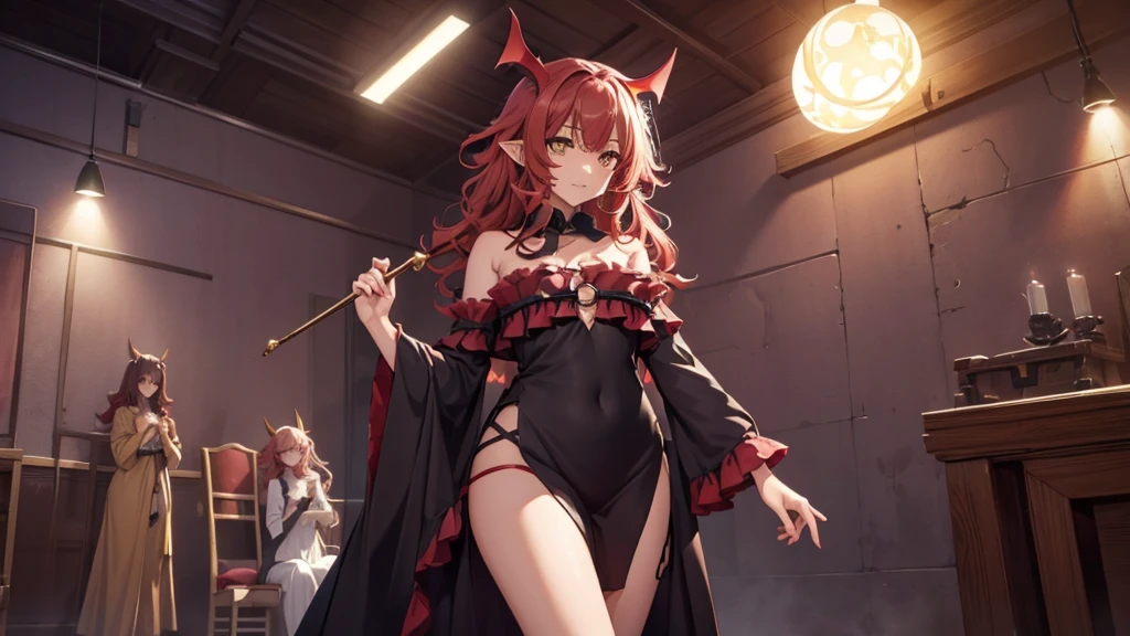 Best god quality, NO EXTRAS, detailed, a dark room with moonlight shining in, confident succubus girl, succubus in long dress, perfect anatomy, She is alone in a room at night, exposed thighs, inside bedroom, she's standing alone in an empty room, inside a bedroom, pointy ears, dark skin, she has red hair, cute, big yellow eyes, looking at camera, red wavy hair, red hair, looking at viewer, cute, adorable, solo, yellow eyes, slender dress, mischievous look, excited expression, smug, (((SOLO))), (girl in middle standing