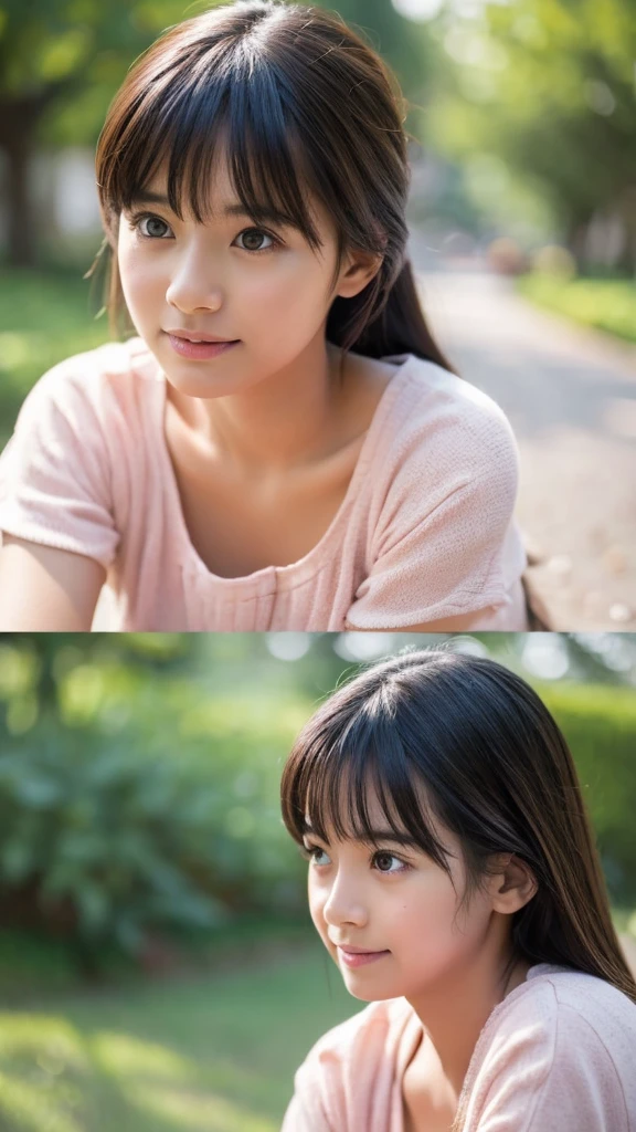 Drawn in a realistic style、A kind and gentle girl who is Nobita's classmate.、Generate an AI live-action image of Shizuka Nobi。 Long black hair braided at the back、Red running shirt and yellow shorts、Wearing white sneakers、Please generate an AI live-action image of Shizuka-chan around 10 years old。 Carrying a pink backpack、Studying at a desk、Please generate an AI live-action image of Shizuka-chan with a gentle smile.。 The setting for Doraemon、Nobita's room at home and school are set in the background.、Please generate an AI live-action image of Shizuka-chan。