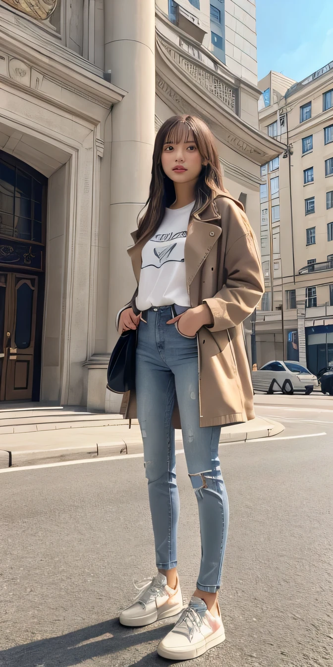 beautiful girl,(Full body photo) Brown Hair ,. White T-shirt, Grey coat, Skinny jeans、sneakers、smile、Detailed aspect, High resolution,Ultra-detailed body, Hype realistic, Realistic, masterpiece 、The building entrance is in the background
