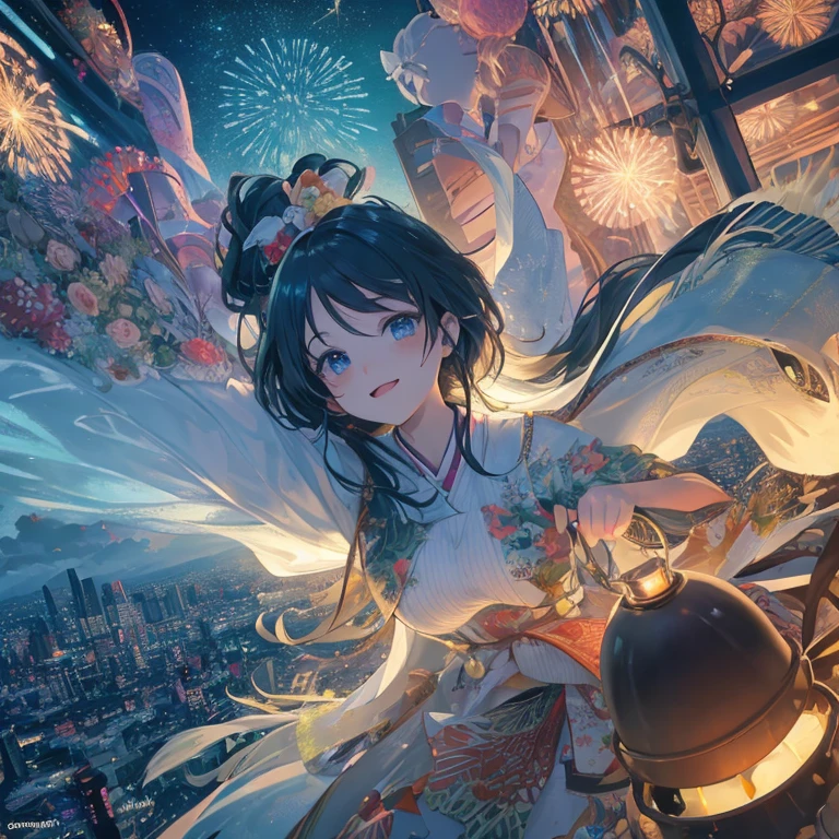 anime style, super fine illustration, highly detailed, dynamic angle, beautiful detailed, 8k, On a summer night, from the indoor observatory "Tokyo City View" at Roppongi Hills Mori Tower, BREAK fireworks light up the sky, with Tokyo Tower and Skytree shining brilliantly. BREAK A woman, her eyes sparkling with excitement, is moved by the breathtaking view