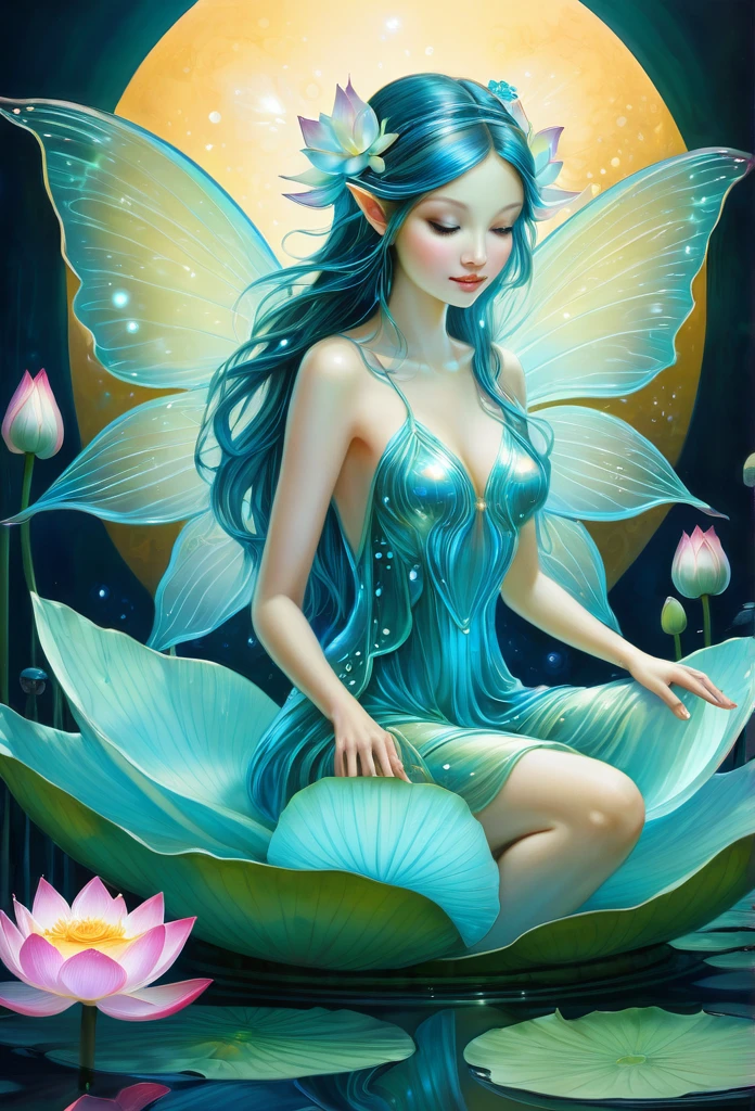 A bioluminescent fairy sitting on a lotus flower, masterpiece,art work,high quality,