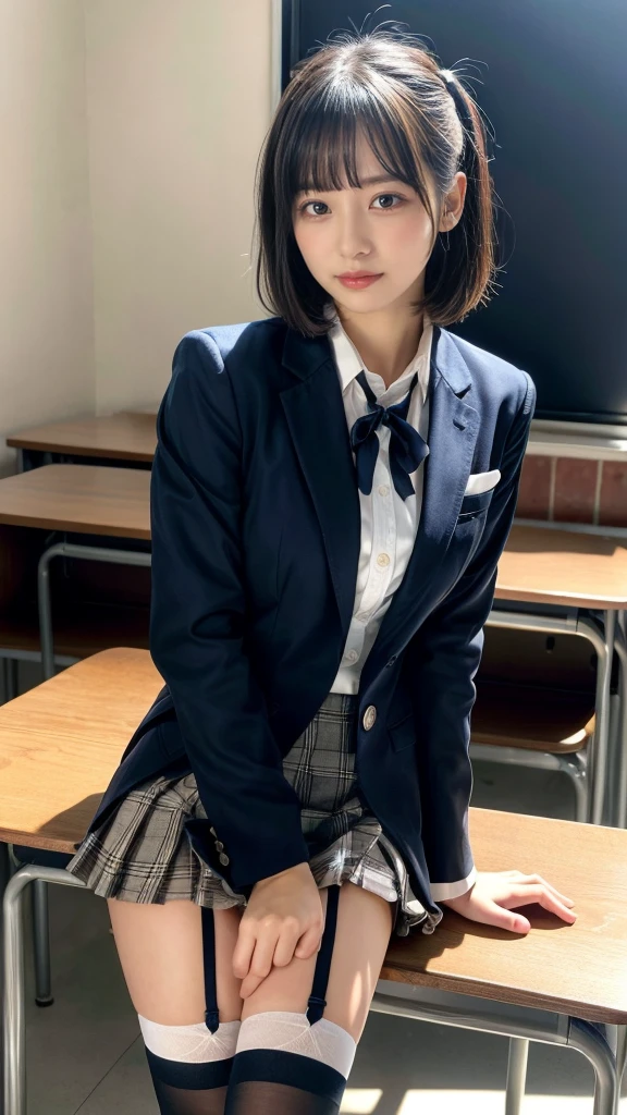 masterpiece, Highest quality, figure, Very detailed, Fine details, High resolution, 8k,wallpaper, Perfect dynamic composition,(Detailed high quality, Realistic depiction of eyes:1.3), From the side, High school classroom、 uniform、blazer 、Super Short Check Uniform Skirt、Navy blue knee-high socks、garter belt、huge 、Disheveled uniform,  Short Bob Hair, Black hair color, hugeな胸, Big Natural Color Lip, Bold sexy pose, Perfect figure, Crying a little、Cold Stare, Harajuku Style、20-year-old girl、Cute type, Beautiful feet, Gravure idol pose