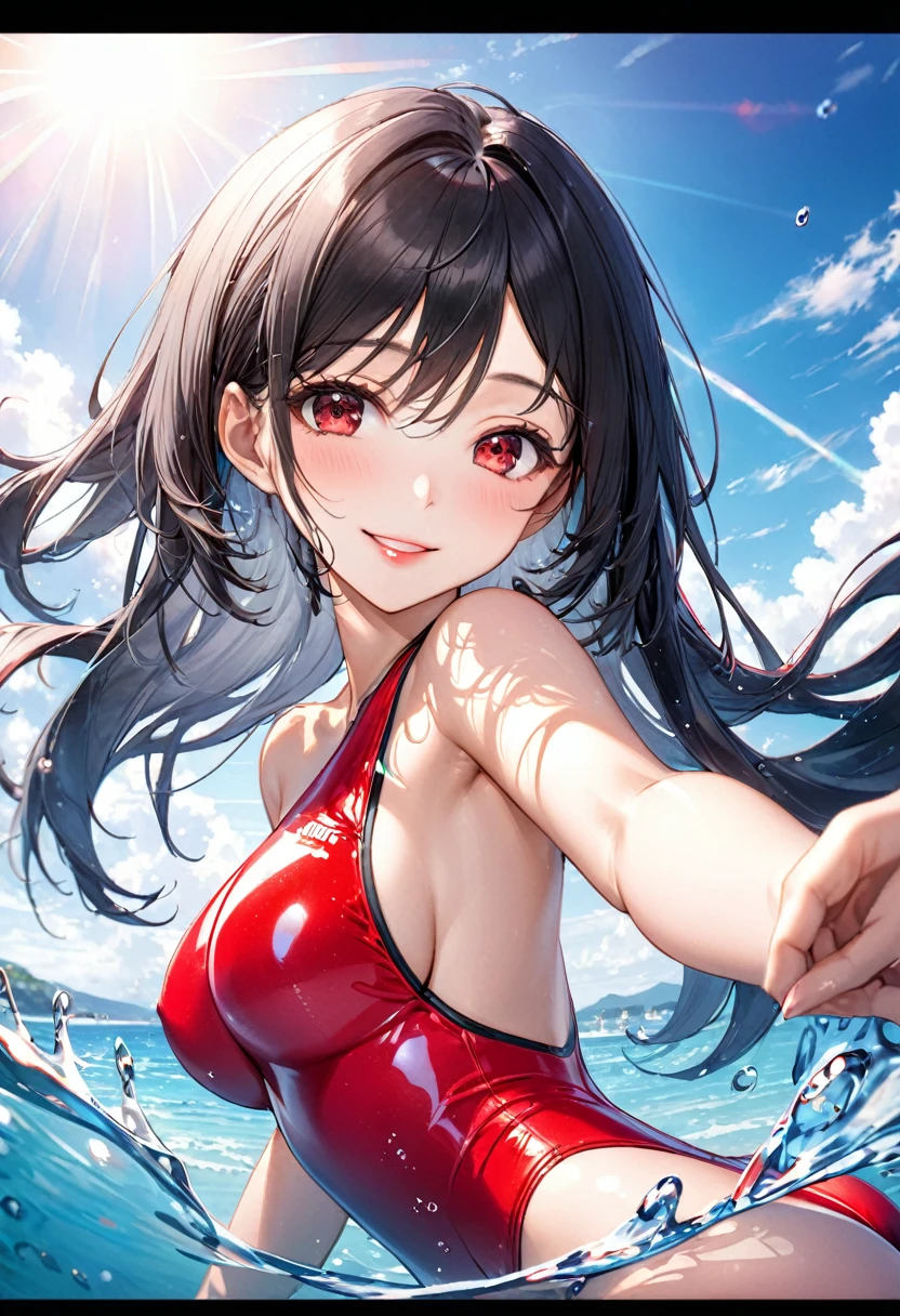 (pov sexy swimsuit style) (beautiful body), (solo:2, 18 yo, straight black hair very long hair cool sadist girl, sexy red eyes, glossy lip, love smile, big tits), (in a one shoulder open side one piece sexy swimsuit), break, in the sunshine Swimsuit contest venue, background beautiful ocean, Double Exposure beautiful rays, BREAK, perfect anatomy, masterpiece, best quality, 16k, beautiful detailed water, sexy, daydreaming expression.