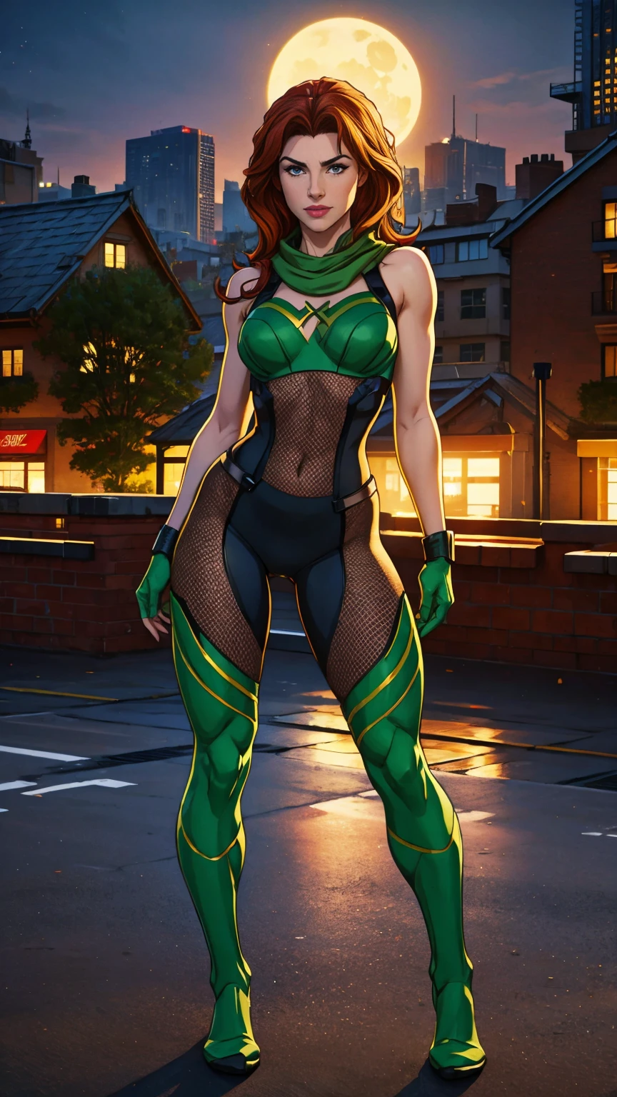 ((Full body photo, standing, feet on the ground)) (best quality, 4k, 8k, high resolution, masterpiece: 1,2), ultra-detailed, fishnet tights, (realistic, photorealistic, photorealistic: 1, 37), full body photo, Rogue, X-Men, yellow high boots, beauty pose, standing, show feet, outside, city roof at night, green bandana
