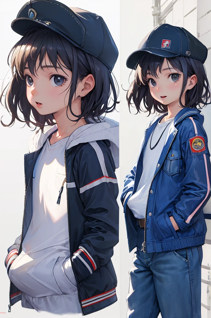 (((Masterpiece))), best quality, cowboy shot, perfect anatomy, ((realistic faces)), realistic anatomy, painterly, 1boy, (((shota))), solo, fanny pack, wavy hair, short hair, jacket, three quarter view, simple background, white background, hand in pocket, cap