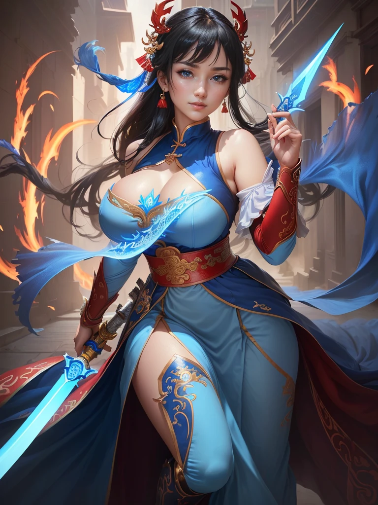 Woman in blue dress holding a sword and red flames, Inspired by Li Mei-shu, Inspired by Li Tang, Yunling, Inspired by Ju Lian, Inspired by Wu Zuoren, Inspired by Cao Zhibai, Full body fairy, Inspired by Wu Li, Inspired by Run In, Inspired by Zhou Fang, Inspired by Du Qiong, Highly detailed CG unit 8k wallpaper, masterpiece, High resolution, highest quality, highest quality real texture skin, Super real, Digital Painting, Best image quality, 最High resolution, 8k, (((Highly detailed eyes and face, Beautiful eyes every detail))), (disproportionate breasts, huge breasts, sagging breasts, gigantic breasts,), black hair, smile,
