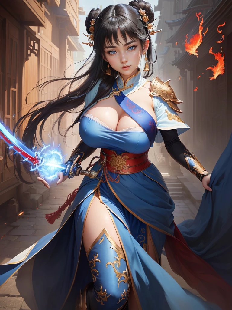 Woman in blue dress holding a sword and red flames, Inspired by Li Mei-shu, Inspired by Li Tang, Yunling, Inspired by Ju Lian, Inspired by Wu Zuoren, Inspired by Cao Zhibai, Full body fairy, Inspired by Wu Li, Inspired by Run In, Inspired by Zhou Fang, Inspired by Du Qiong, Highly detailed CG unit 8k wallpaper, masterpiece, High resolution, highest quality, highest quality real texture skin, Super real, Digital Painting, Best image quality, 最High resolution, 8k, (((Highly detailed eyes and face, Beautiful eyes every detail))), (disproportionate , huge breastsng breasts, giganasts,), black hair,