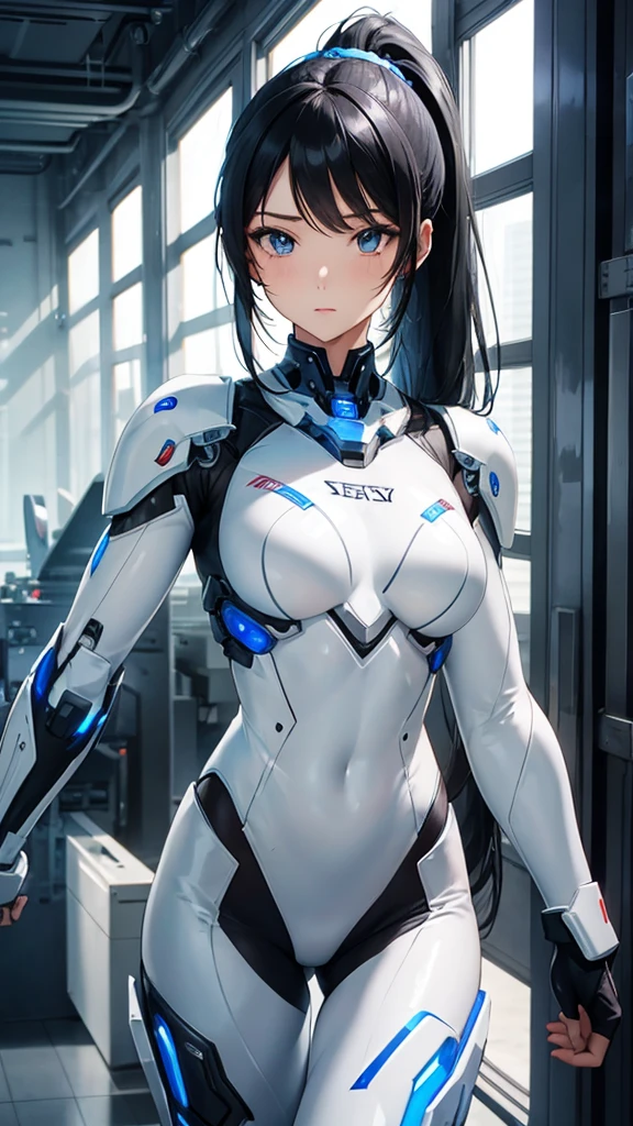 Sexy white cyborg suit、17 years old、beautiful girl、ponytail、Black Hair、fight、blue beam、A Cup