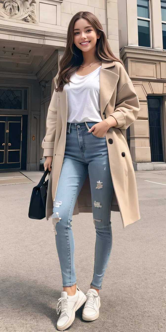 beautiful girl,(Full body photo) Brown Hair ,. White T-shirt, Grey coat, Skinny jeans、sneakers、smile、Detailed aspect, High resolution,Ultra-detailed body, Hype realistic, Realistic, masterpiece 、The building entrance is in the background