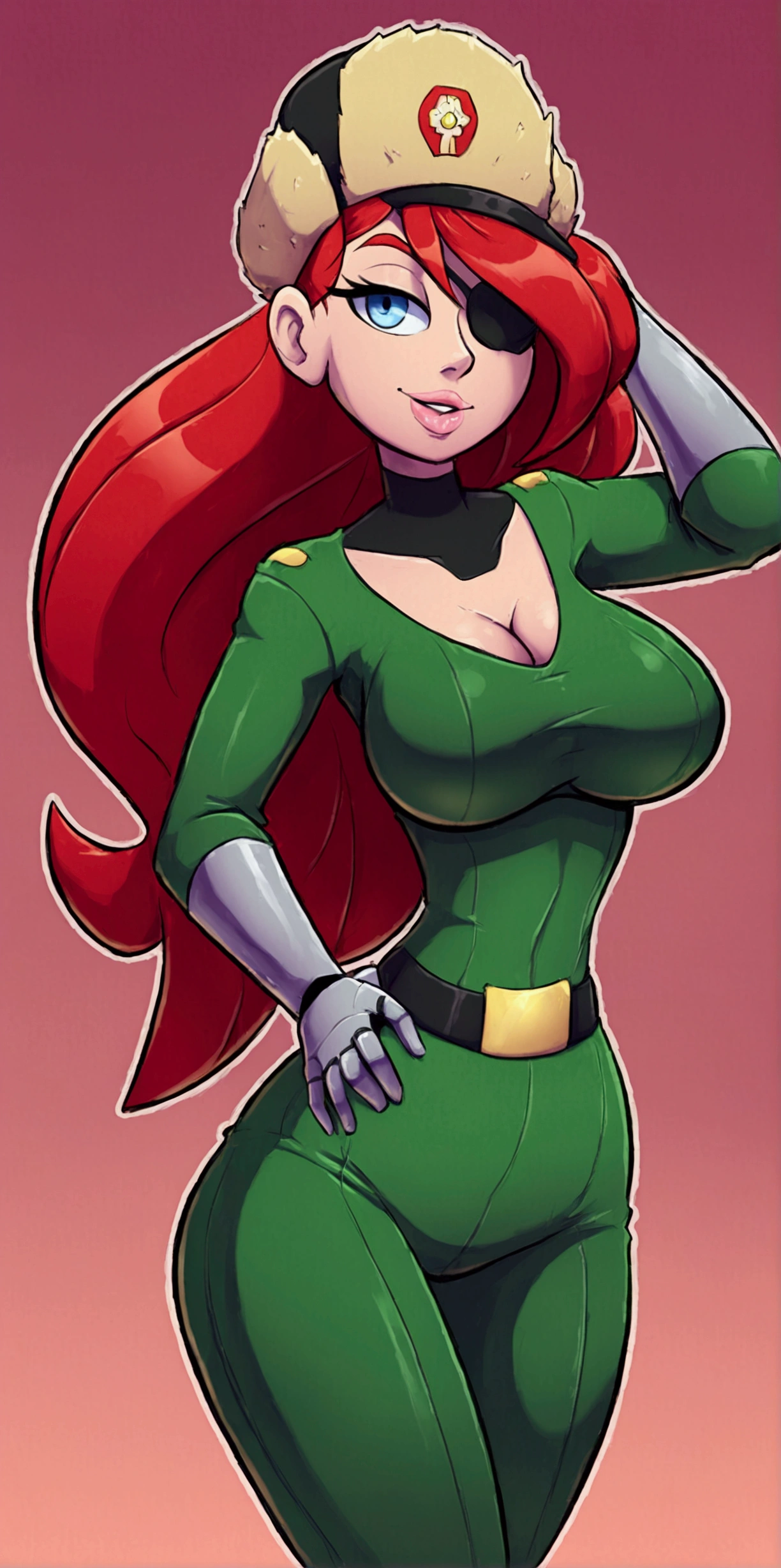 A Soviet military girl, tall, sexy, big breast, good, friendly, happy, long red hair, smooth, soft, blue eye, pink lip, she wears a metallic green top, a black patch on her chest, a yellow ribbon on her waist, and her pants, a big metallic green thigh, a sensual big yellow boot, wearing a black Soviet winter cap.