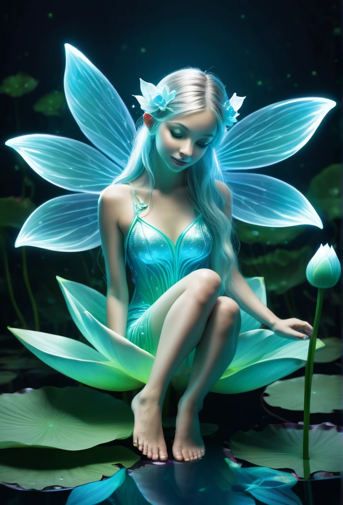 A bioluminescent fairy sitting on a lotus flower,high quality,