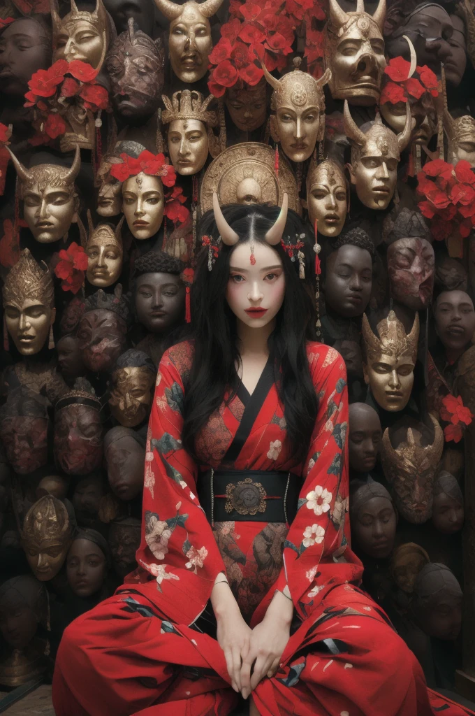 (masterpiece:1.2), Highest quality,
One girl, (((Spread your legs and show your vagina)))、Cross-legged、flower, Straight black hair, Red eyes, hair ornaments, hair flower, mask, View your viewers, red flower, Long sleeve, Are standing, red dress, Holding, Wide sleeves, dress, with own hands, horn, skull, short hair, kimono, Robe
 