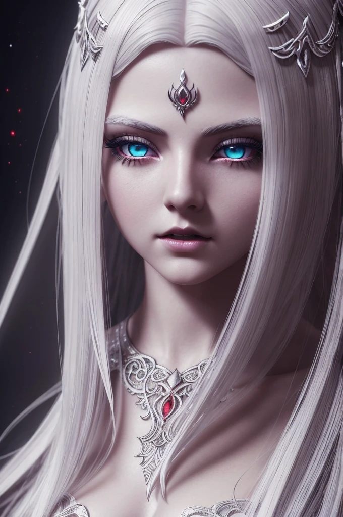 a white-skinned girl full body, red glowing eyes, white hair, beautiful detailed eyes, beautiful detailed lips, extremely detailed eyes and face, long eyelashes, highly detailed, 8k, masterpiece, photorealistic, cinematic lighting, fantasy, dark, dramatic, surreal, gothic