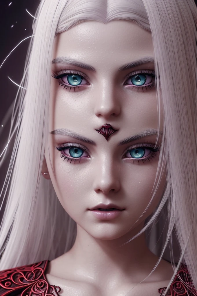 a white-skinned girl full body, red glowing eyes, white hair, beautiful detailed eyes, beautiful detailed lips, extremely detailed eyes and face, long eyelashes, highly detailed, 8k, masterpiece, photorealistic, cinematic lighting, fantasy, dark, dramatic, surreal, gothic