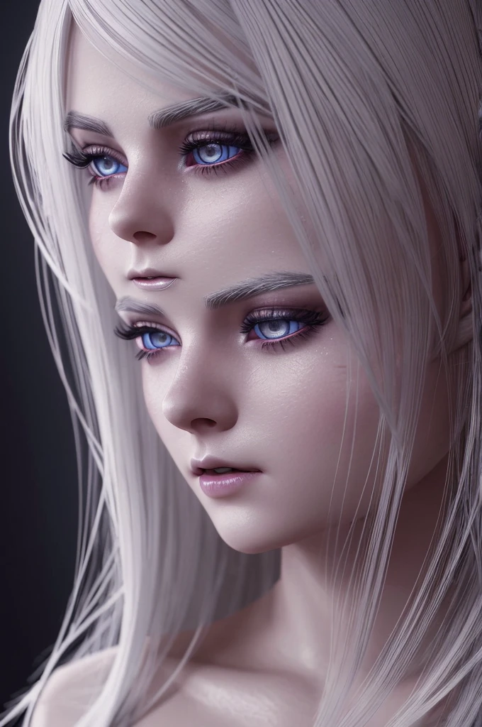 a white-skinned girl full body, red glowing eyes, white hair, beautiful detailed eyes, beautiful detailed lips, extremely detailed eyes and face, long eyelashes, highly detailed, 8k, masterpiece, photorealistic, cinematic lighting, fantasy, dark, dramatic, surreal, gothic