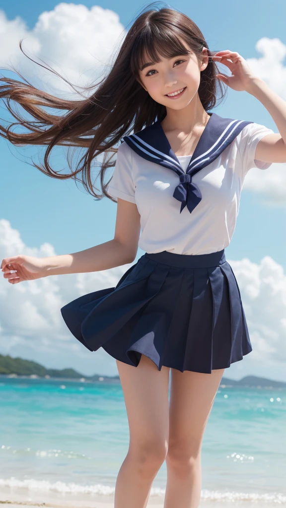 1girl,(((Okinawa ocean)))、(((White sand beaches in Okinawa)))、(((Just join your hands and pray)))、(((Mysterious look)))、8k UHD、Digital single-lens reflex camera、High resolution、Shallow depth of field、Natural light、(((オフショルダーで腕を上げて美しい脇の下をみせてくれる)))、(((Sailor suit)))、(((navy blue super mini skirt)))、(((A sparkling, charming smile)))、(((Full body photography)) )、Small person、(((Young face)))、1 Japanese female、;beautiful girl、(Black Hair)、A strong wind blows up my skirt、(((Brown eyes)))、Glowing Skin、Smooth Thinning Hair、Long Hair、Detailed background、Detailed eyes and face、Clear Eyes、Cute smile、Calm atmosphere、(((stage)))、(((Small breasts)))、(((Beautiful Eyes)))、Flat chest、Children、(((Toned thighs))) 、(((Angle from below) ))、(((Fine lips)))、(((Skirt fluttering)))、Shining beautiful legs、( Skirt fluttering violently in the strong wind :1.4), (hair blowing in the strong wind:1.4), (leaning forward)、barefoot、barefoot、((((A skirt flipped up by a strong wind))))