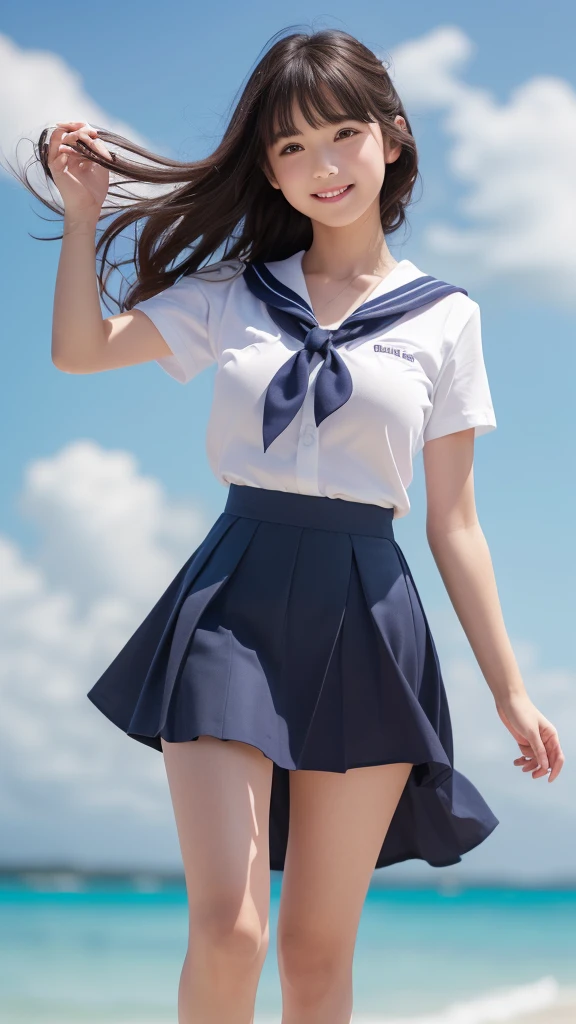 1girl,(((Okinawa ocean)))、(((White sand beaches in Okinawa)))、(((Just join your hands and pray)))、(((Mysterious look)))、8k UHD、Digital single-lens reflex camera、High resolution、Shallow depth of field、Natural light、(((オフショルダーで腕を上げて美しい脇の下をみせてくれる)))、(((Sailor suit)))、(((navy blue super mini skirt)))、(((A sparkling, charming smile)))、(((Full body photography)) )、Small person、(((Young face)))、1 Japanese female、12 years old;beautiful girl、(Black Hair)、A strong wind blows up my skirt、(((Brown eyes)))、Glowing Skin、Smooth Thinning Hair、Long Hair、Detailed background、Detailed eyes and face、Clear Eyes、Cute smile、Calm atmosphere、(((stage)))、(((Small breasts)))、(((Beautiful Eyes)))、Flat chest、Children、(((Toned thighs))) 、(((Angle from below) ))、(((Fine lips)))、(((Skirt fluttering)))、Shining beautiful legs、( Skirt fluttering violently in the strong wind :1.4), (hair blowing in the strong wind:1.4), (leaning forward)、barefoot、barefoot、((((A skirt flipped up by a strong wind))))