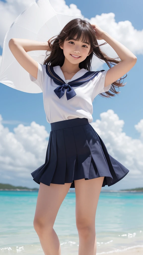1girl,(((Okinawa ocean)))、(((White sand beaches in Okinawa)))、(((Just join your hands and pray)))、(((Mysterious look)))、8k UHD、Digital single-lens reflex camera、High resolution、Shallow depth of field、Natural light、(((オフショルダーで腕を上げて美しい脇の下をみせてくれる)))、(((Sailor suit)))、(((navy blue super mini skirt)))、(((A sparkling, charming smile)))、(((Full body photography)) )、Small person、(((Young face)))、1 Japanese female、;beautiful girl、(Black Hair)、A strong wind blows up my skirt、(((Brown eyes)))、Glowing Skin、Smooth Thinning Hair、Long Hair、Detailed background、Detailed eyes and face、Clear Eyes、Cute smile、Calm atmosphere、(((stage)))、(((Small breasts)))、(((Beautiful Eyes)))、Flat chest、Children、(((Toned thighs))) 、(((Angle from below) ))、(((Fine lips)))、(((Skirt fluttering)))、Shining beautiful legs、( Skirt fluttering violently in the strong wind :1.4),   (hair blowing in the strong wind:1.4), (leaning forward)、barefoot、barefoot、((((A skirt flipped up by a strong wind))))