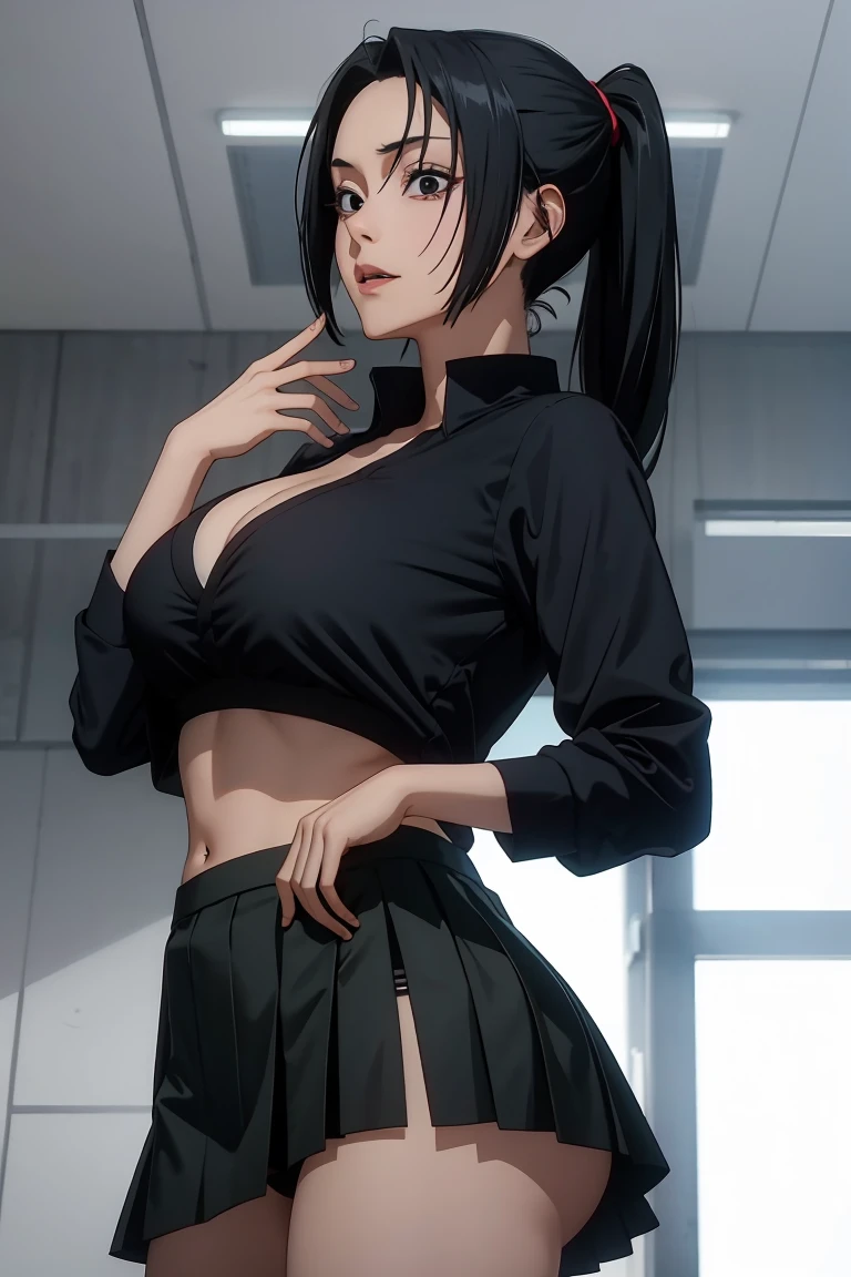 Yuki tsukumo from jujutsu kaisen in black bra and black panty mini skirt lifting skirt up showing black panty 