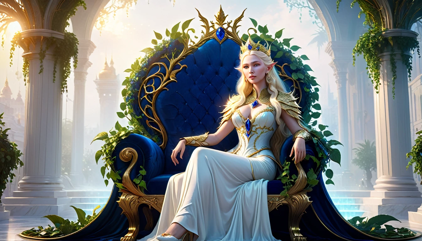 Elven queen character design, 3D, radiant long blonde hair curvy with generous breasts and ultra detailed illustration of a woman's silhouette, flowing and majestic dress adorned with sapphire stones, positioned on a white marble throne, crown with intertwining vines, at his feet an albino Dragon cub, style by Seungmin Kim, Cinema 4d rendering, high definition textures. with intricate gold details, neon lights, light particles, colorful, cmyk colors, backlit, painting style by Ivan Aivazovsky , scenery, beautiful and enigmatic, a blurred city, Assassin's Creed Game Style.HDR