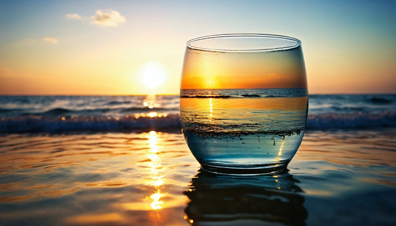 lovely double exposure image by blending together a sunset at the sea and a glass of water. The sea should serve as the underlying backdrop, with its details subtly incorporated into the glossy glass of water, sharp focus, double exposure, glossy glass of water, (translucent glass figure of a glass of water) (sea inside) lifeless, dead, glass of water, earthy colors, decadence, intricate design, hyper realistic, high definition, extremely detailed, dark softbox image, raytracing, cinematic, HDR, photorealistic (double exposure:1.1)