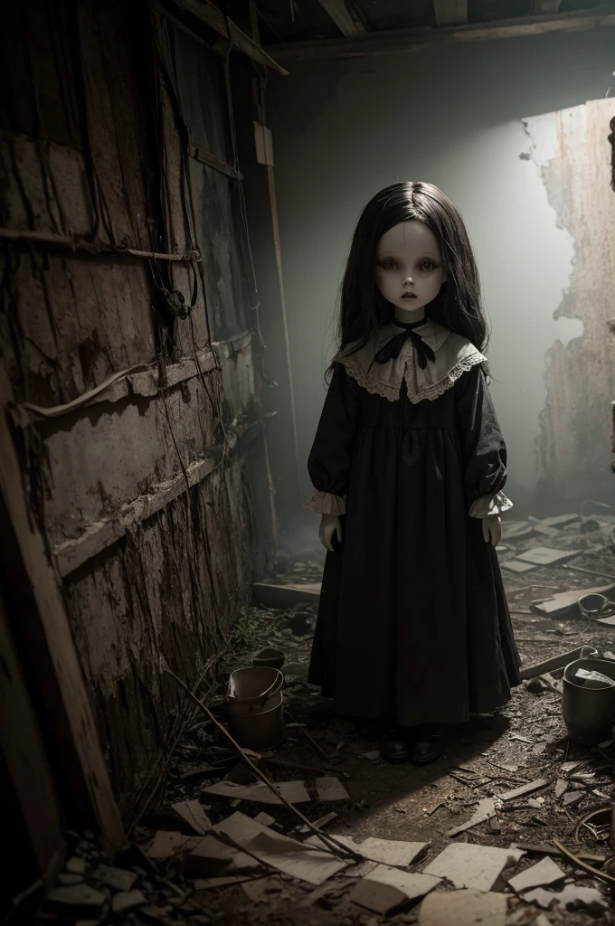 Create a frightening image of a porcelain doll in an old, dark place. The doll should have a creepy, unsettling appearance with cracked skin, lifeless eyes, and a sinister expression. The setting should be a dilapidated, shadowy environment, such as an abandoned house, a dusty attic, or a forgotten basement. Use dim lighting and eerie shadows to enhance the spooky atmosphere