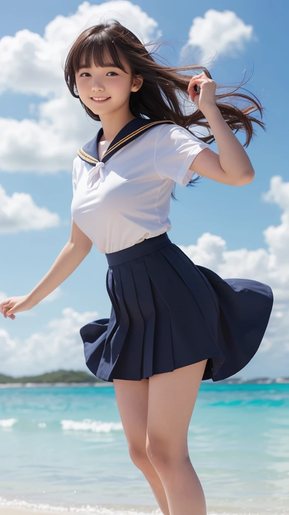 1girl,(((Okinawa ocean)))、(((White sand beaches in Okinawa)))、(((Just join your hands and pray)))、(((Mysterious look)))、8k UHD、Digital single-lens reflex camera、High resolution、Shallow depth of field、Natural light、(((オフショルダーで腕を上げて美しい脇の下をみせてくれる)))、(((Sailor suit)))、(((navy blue super mini skirt)))、(((A sparkling, charming smile)))、(((Full body photography)) )、Small person、(((Young face)))、1 Japanese female、;beautiful girl、(Black Hair)、A strong wind blows up my skirt、(((Brown eyes)))、Glowing Skin、Smooth Thinning Hair、Long Hair、Detailed background、Detailed eyes and face、Clear Eyes、Cute smile、Calm atmosphere、(((stage)))、(((Small breasts)))、(((Beautiful Eyes)))、Flat chest、Children、(((Toned thighs))) 、(((Angle from below) ))、(((Fine lips)))、(((Skirt fluttering)))、Shining beautiful legs、( Skirt fluttering violently in the strong wind :1.4), (hair blowing in the strong wind:1.4), (leaning forward)、barefoot、barefoot、((((A skirt flipped up by a strong wind))))