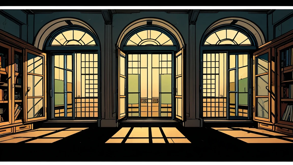Cartoon style, drawn with black and colored lines, several different windows, different window models.
