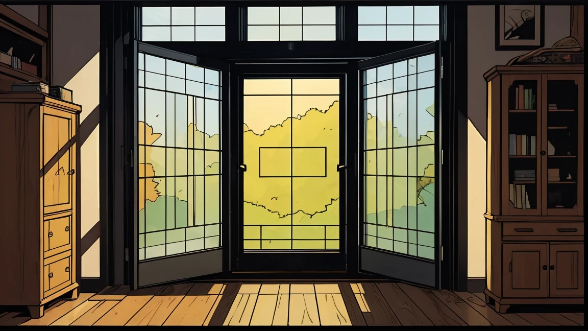 Cartoon style, drawn with black and colored lines, several different windows, different window models.