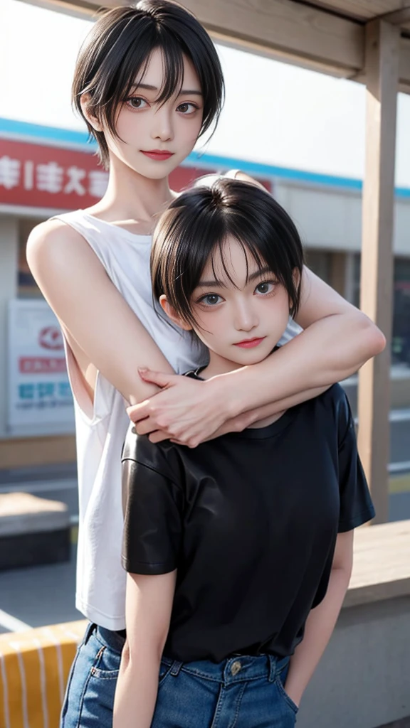 masterpiece、Highest quality、Familiar、1 female、18-year-old、blue eyes、blonde、Dark Skin、(((Oilskin))),Glowing Skin, short hair、Super Oversized T-Shirt、Shoulders are out、Captivating thighs、Big Breasts、Big Breasts、The woman went shopping、Top view、Embarrassed face、from the front、Upward glance、Background blur、In front of the cash register at a convenience store、A girl came to buy condoms、Place condoms and alcohol on the cash register、
Short girl and muscular naked black guy, Oversized plain t-shirt、No underwear、slender、Slender、Thin limbs、Small face, Black Hair、ピクシーshort hair、 , , (Wicked Smile:1.2), Off the shoulder, Short sleeve, Sunburn, Saucy, blush,steam,sweat,Vulgarity、 (A naked macho middle-aged man from behind、Hug a girl:1.3), An absurd solution, Very detailed, Highest quality, Cute illustrationasterpiece、1. Little Girl:1.3、1 guy,blushする, Background blur,