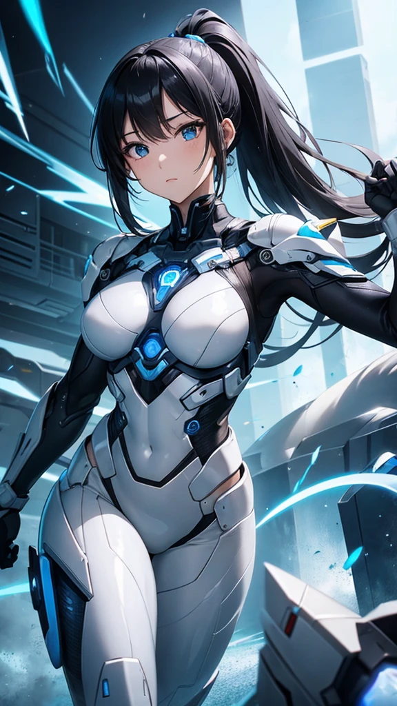 Sexy white cyborg suit、17 years old、beautiful girl、ponytail、Black Hair、fight、blue beam、A Cup、Fighting