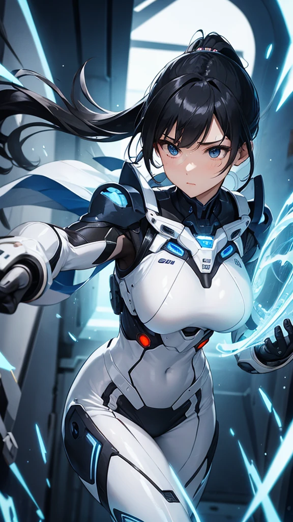 Sexy white cyborg suit、17 years old、beautiful girl、ponytail、Black Hair、fight、blue beam、A Cup、Fighting
