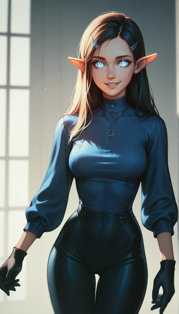 High resolution, Very detailed, perfect lighting, beautiful detailed eyes, ((masterpiece,Best Quality)), absurdities, Alone, alita, Hair clip, pointy ears, blue shirt, long sleeves, Gloves without fingers, black gloves, Black pants, tight pants, smile, curves, nod, ,