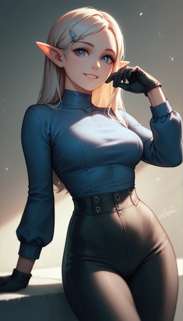 High resolution, Very detailed, perfect lighting, beautiful detailed eyes, ((masterpiece,Best Quality)), absurdities, Alone, alita, Hair clip, pointy ears, blue shirt, long sleeves, Gloves without fingers, black gloves, Black pants, tight pants, smile, curves, nod, ,