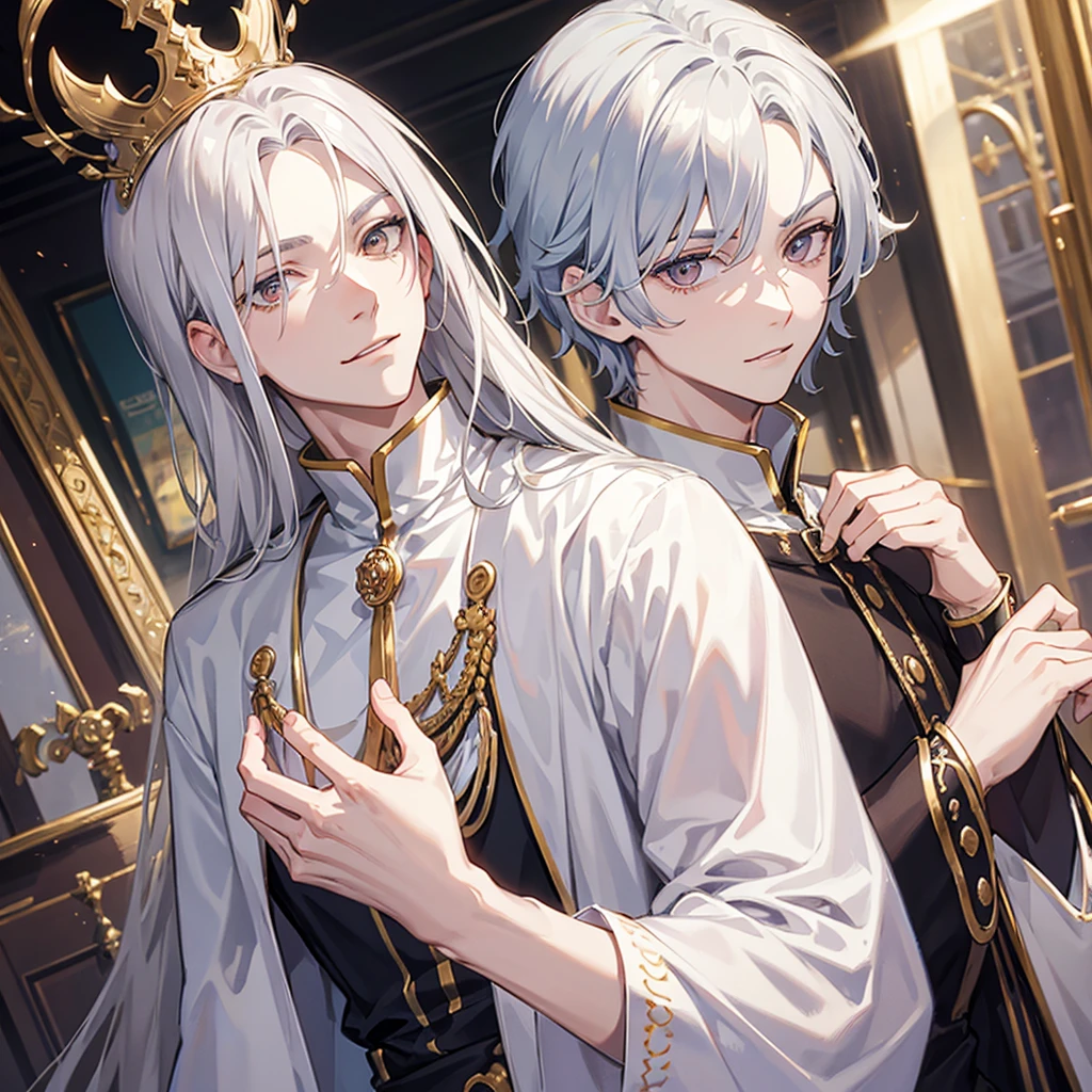 Prince, royalty, guy, silver hair, pale skin, brown eyes, smirking, white clothing