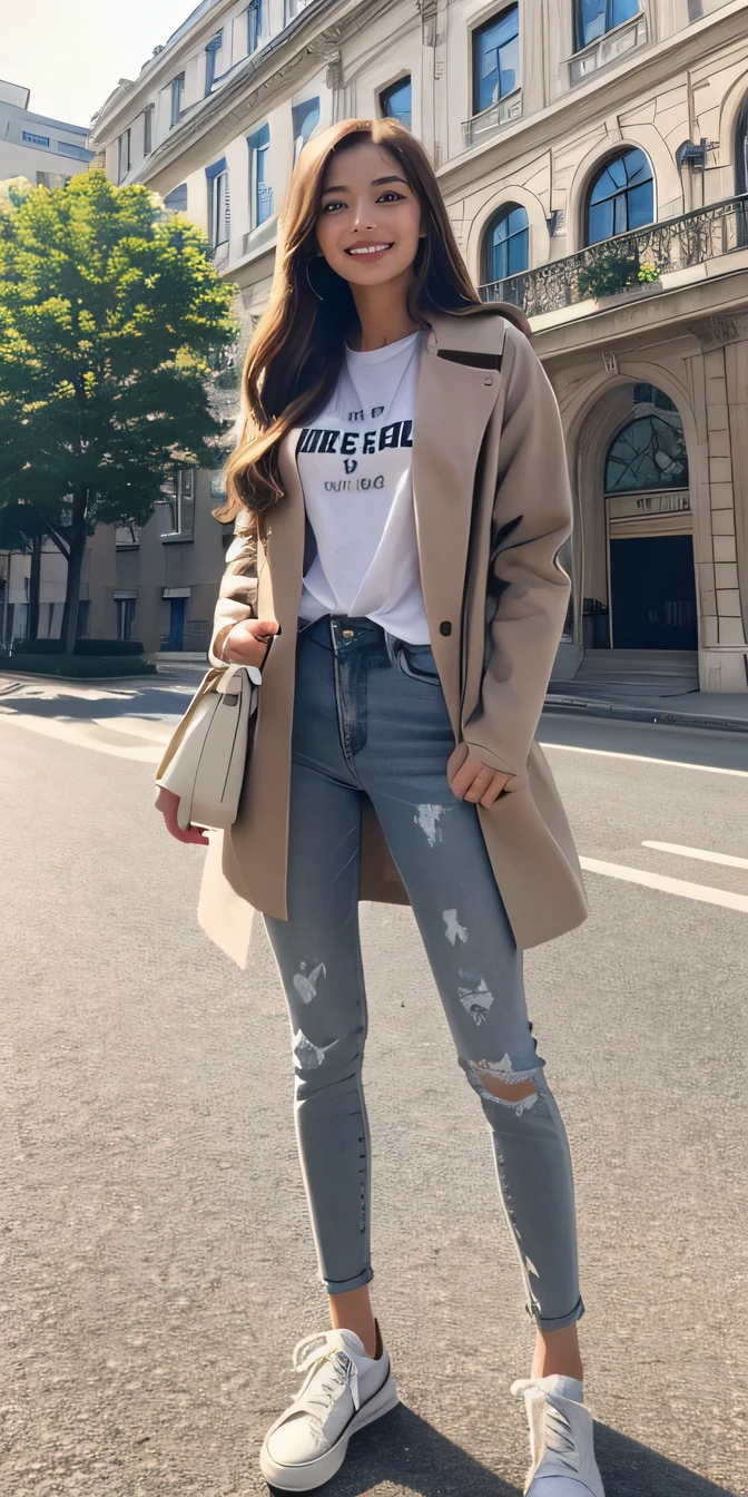 beautiful girl,(Full body photo) Brown Hair ,. White T-shirt, Grey coat, Skinny jeans、sneakers、smile、Detailed aspect, High resolution,Ultra-detailed body, Hype realistic, Realistic, masterpiece 、The building entrance is in the background